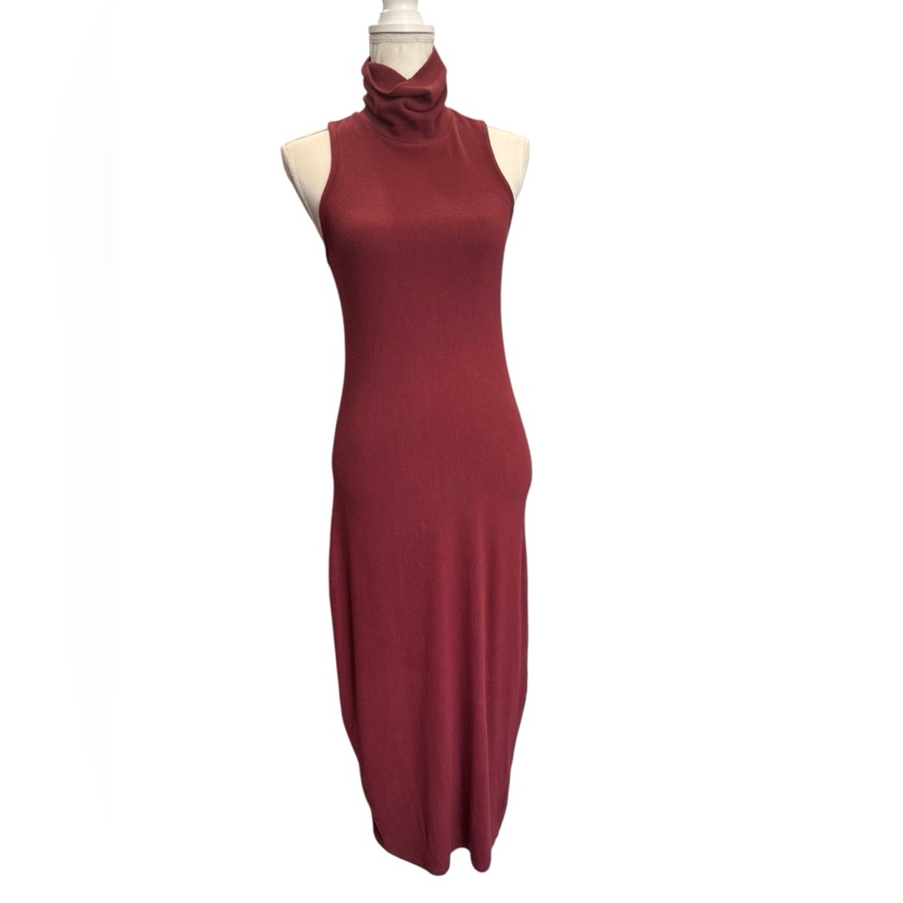 Gianni Bini Burgundy Ribbed Midi Dress Sleeveless Mock Neck Bodycon M - Picture 2 of 10